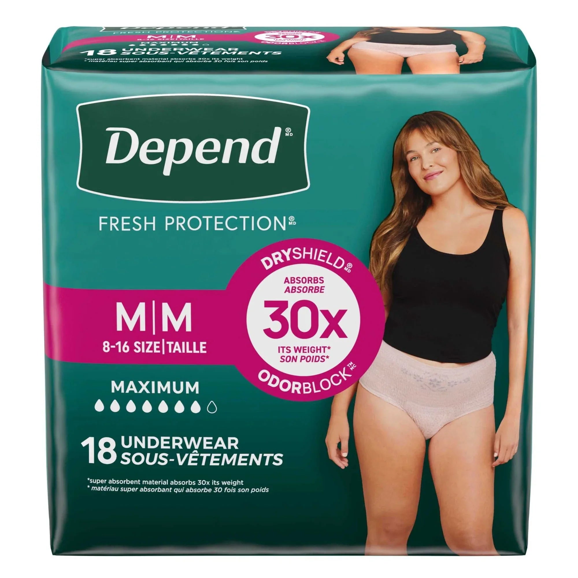 Depend Fresh Protection Incontinence Underwear for Women, Adult Diapers, M, 18 Count
