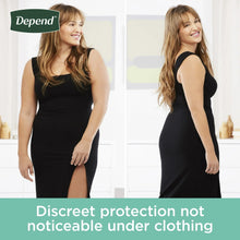 Beige women’s incontinence underwear worn under a black dress, shown at the leg opening