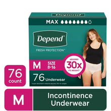Depend incontinence underwear package, size M, 76 count, fresh protection
