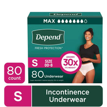 Depend incontinence underwear box showing size S and beige underwear, fresh protection