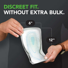 Discreet men’s incontinence guard pad with blue absorbent center and size markers
