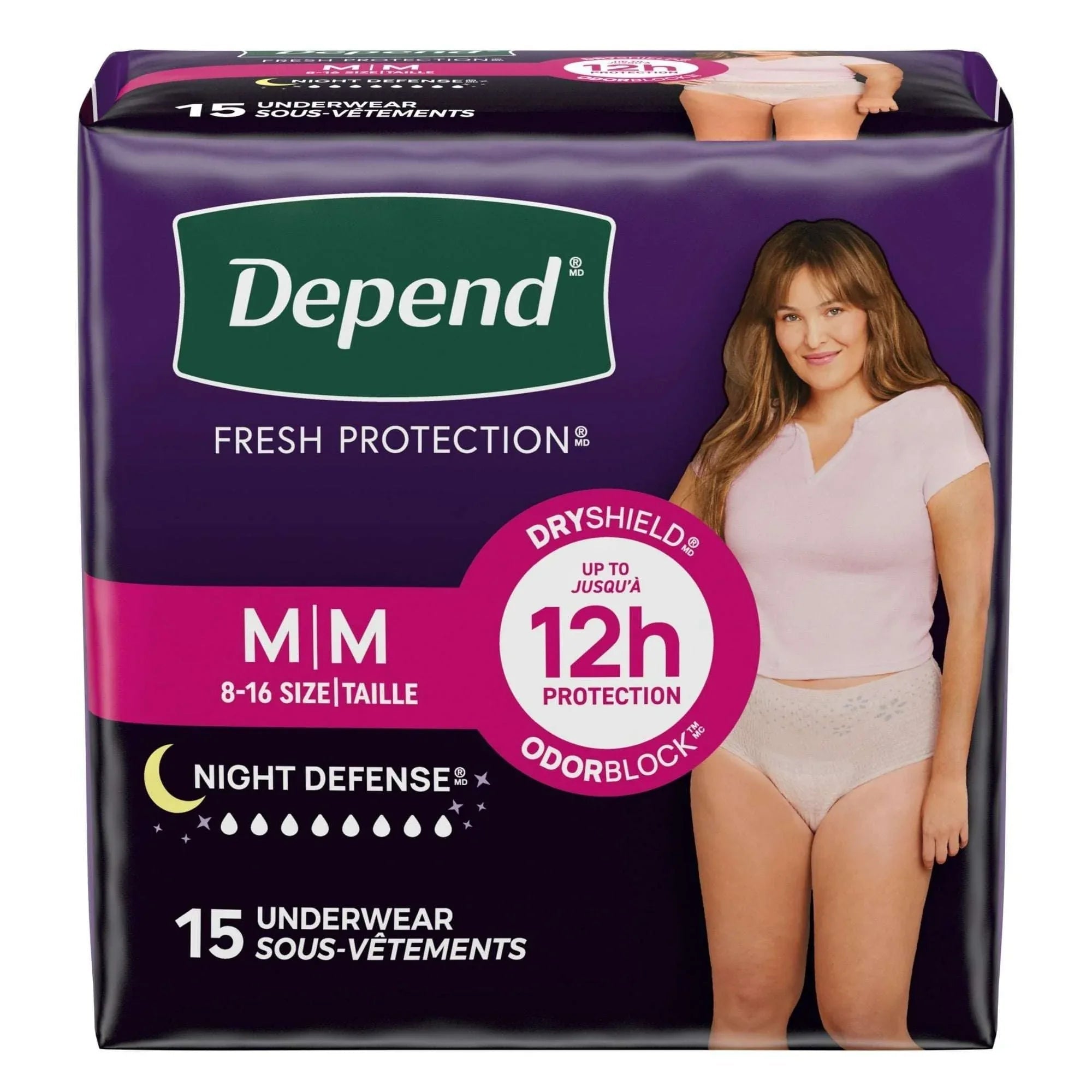 Depend Night Defense Incontinence Underwear for Women, Adult Diapers, M, 24 Count