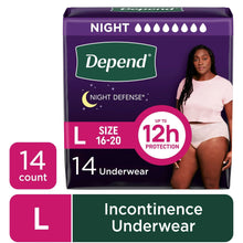 Depend night defense incontinence underwear box, size L, 14 undergarments