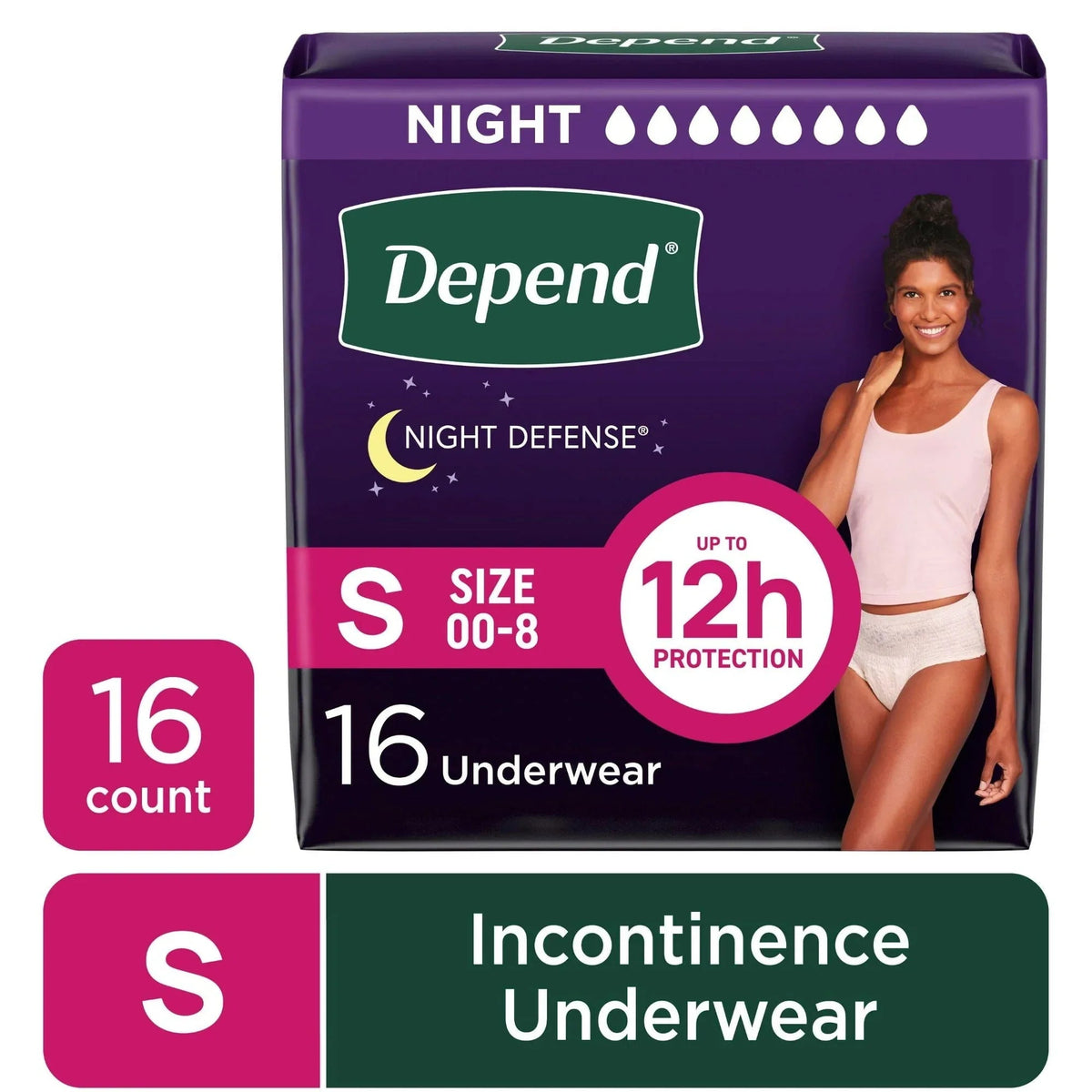 Depend Night Defense Incontinence Underwear for Women, Adult Diapers, S, 16 Count