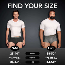 Men’s incontinence underwear size chart on two models, S-M and L-XL