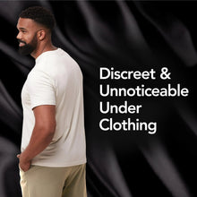 Men’s incontinence underwear, worn under a white shirt on model