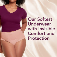 Incontinence underwear briefs, light pink, shown under a short-sleeve top