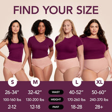 Nude incontinence underwear briefs set for sizes S to XL, shown on models