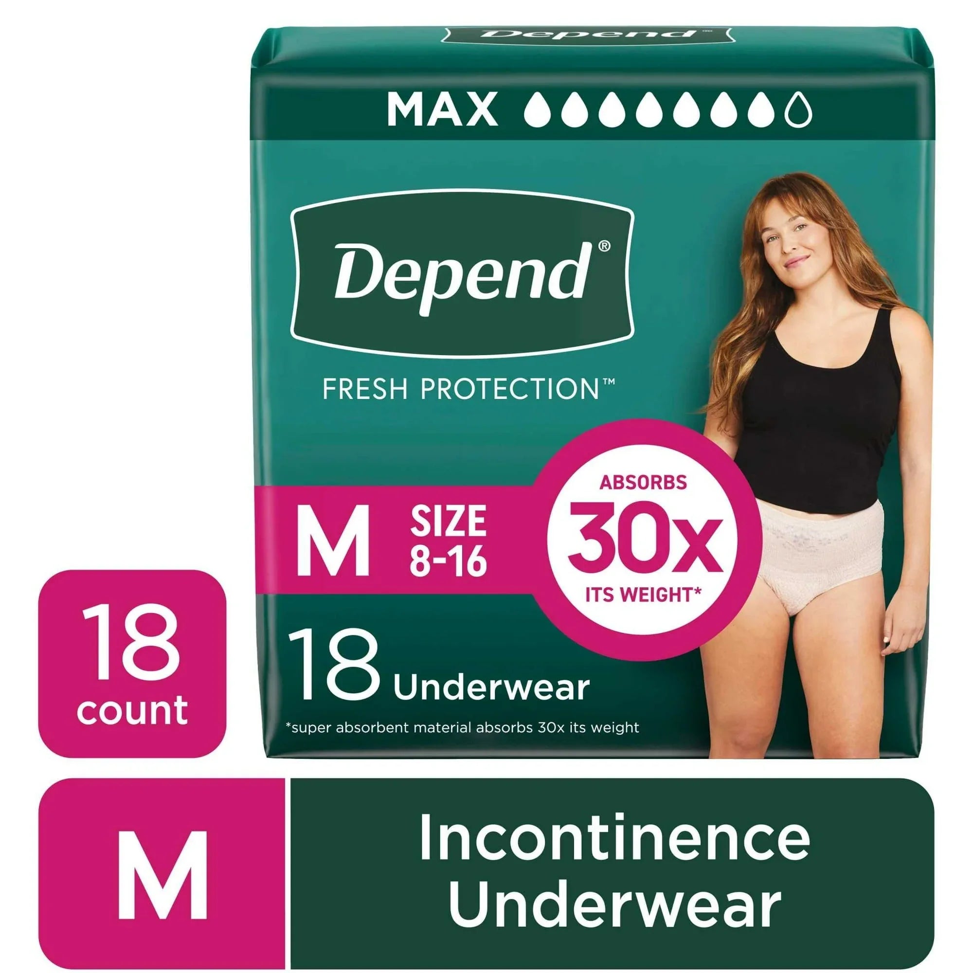 Depend Fresh Protection Incontinence Underwear for Women, Adult Diapers, M, 30 Count