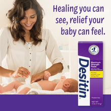 Diaper rash paste box beside baby care scene, maximum strength 4 oz tube