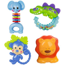 Set of 4 animal baby rattles and teethers with blue elephant, green crocodile, lion and ring