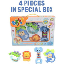 Baby rattle and teether set box showing four animal toys: crocodile, lion, elephant, monkey