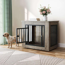 Indoor dog crate furniture with gray wood-look sides and black metal bar door