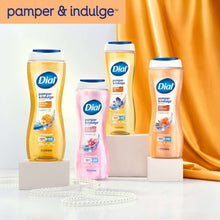 Dial pamper & indulge body wash bottles display, marula oil and other shades