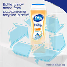 Dial pamper & indulge body wash bottle with post-consumer recycled plastic bottle graphic