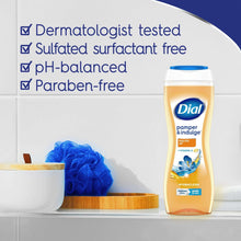 Dial pamper & indulge body wash bottle with dermatologically tested and pH-balanced icons