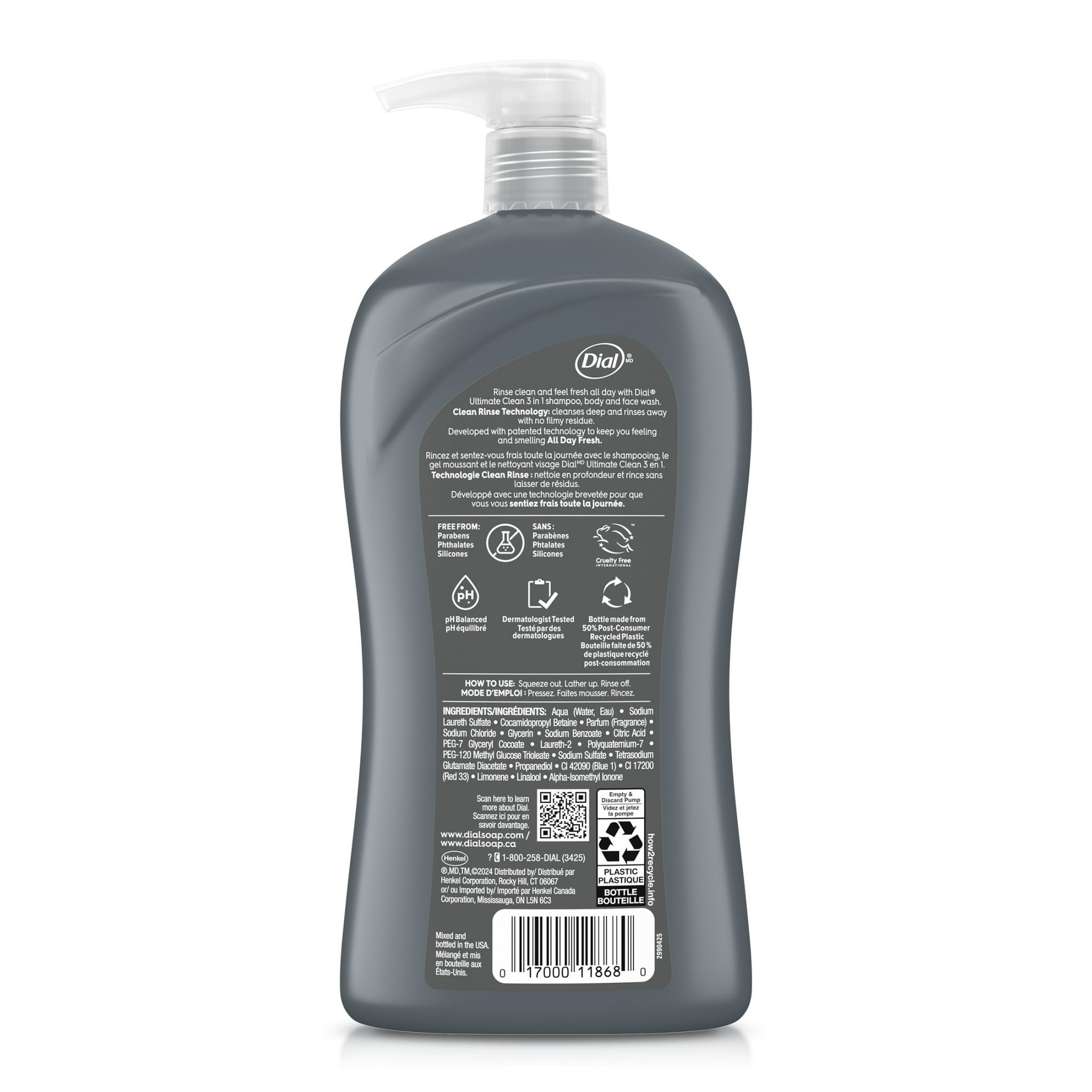 Dial Ultimate Clean 3-in-1 Men's Body Wash for Body, Hair & Face, Amber Wood Scent, 32 oz