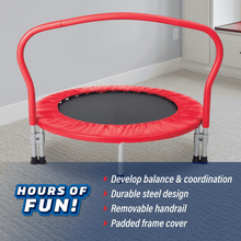Red round trampoline with black jumping mat, silver legs, and arched safety frame