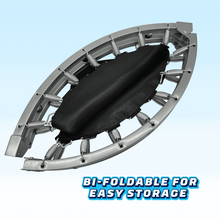 Folded trampoline base with black spring mat and gray metal frame