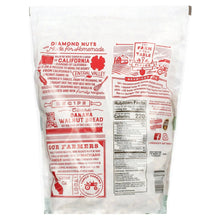 Back of shelled walnut bag with nutrition facts and product details.