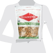 Shelled walnut bag shown with size markings: 8 in wide, 11 in tall, 32 oz.