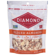 Diamond sliced almonds bag, white with orange label; sliced almonds inside.