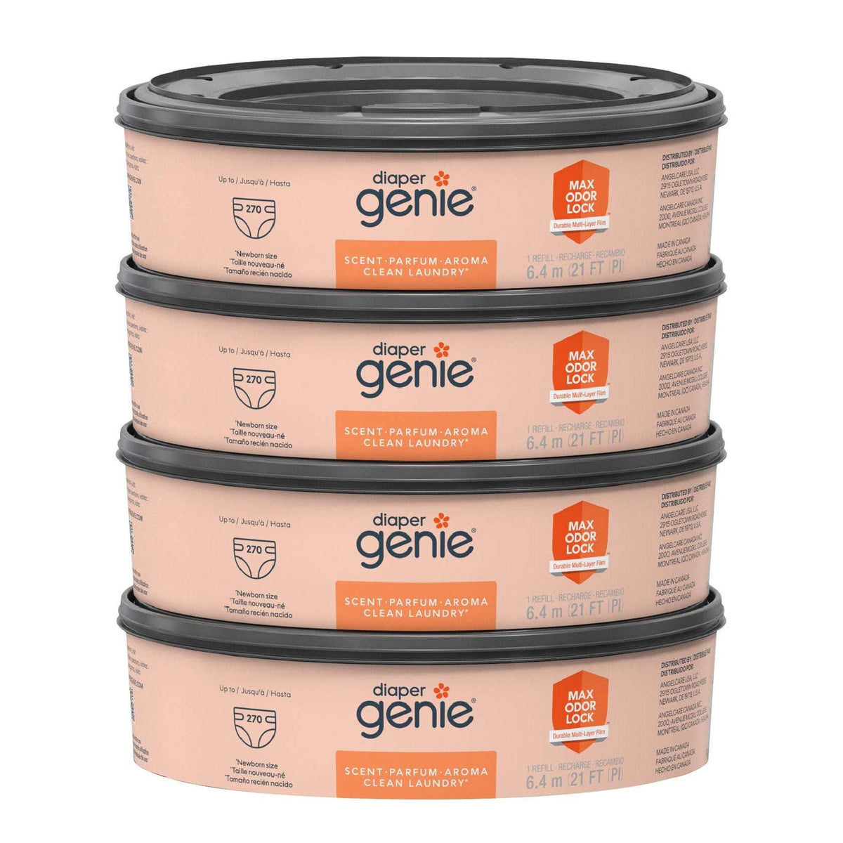 Diaper Genie Clean Laundry Scent Round Refill 4-pack, 1080-count, Plus 2 Carbon Filters