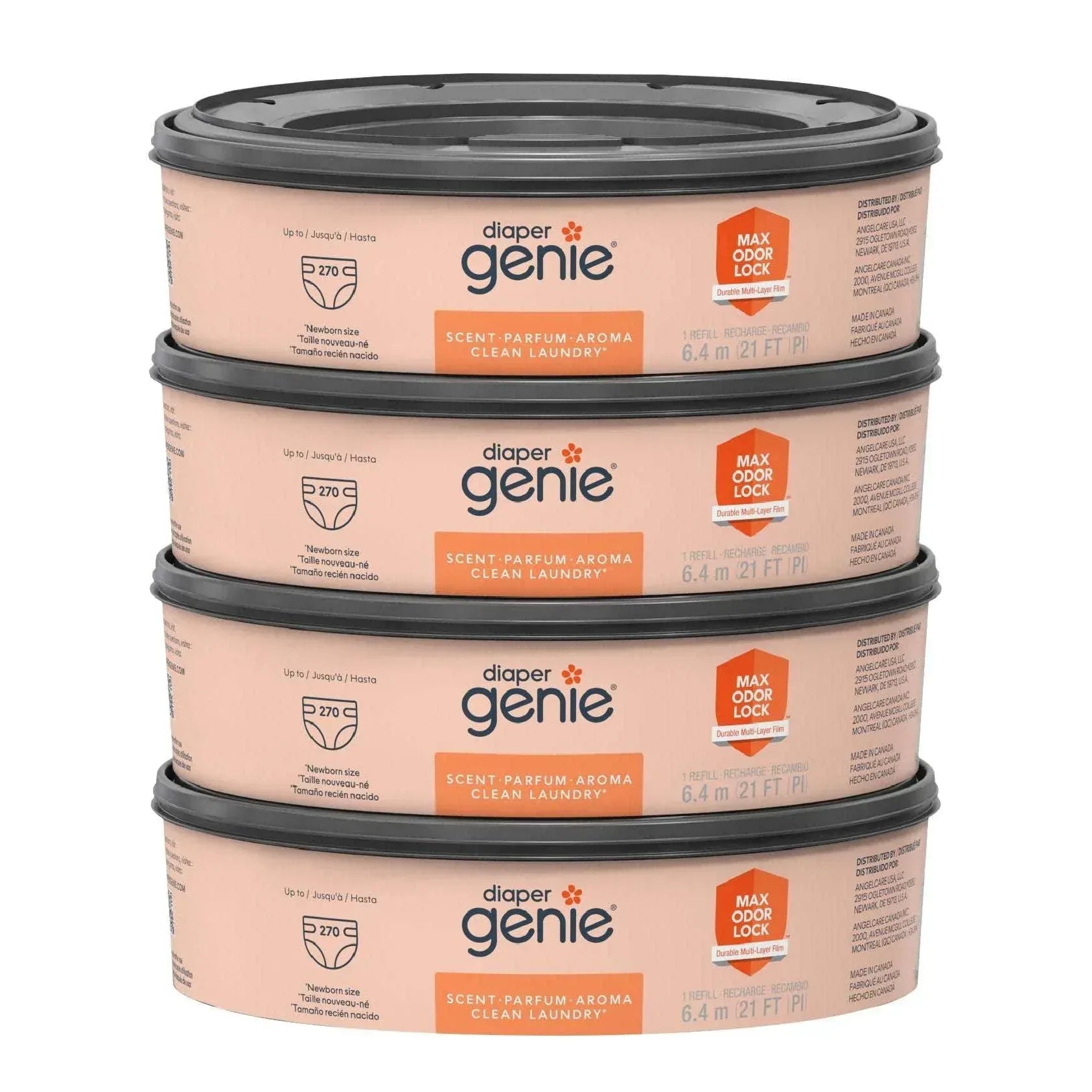 Diaper Genie Clean Laundry Scent Round Refill 4-pack, 1080-count, Plus 2 Carbon Filters