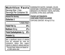 Diet Coke nutrition facts panel, 0 calories