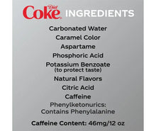 Diet Coke ingredients label with carbonated water and aspartame