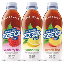 Zero sugar Snapple tea bottles: raspberry, lemon, peach, 20 oz