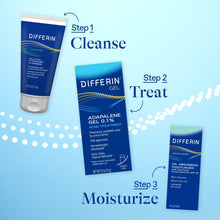 Differin acne treatment steps with cleanser, treat gel, and moisturize