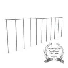 Metal animal barrier fence with upright posts and top rail
