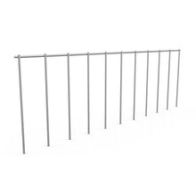 Metal animal barrier fence with upright vertical posts and top rail
