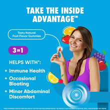 Probiotic gummies marketing graphic with a smiling woman holding a gummy and fruit icons