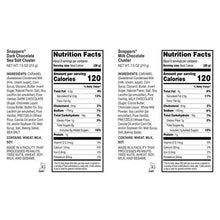 Nutrition Facts label panels for dark and milk chocolate on product packaging