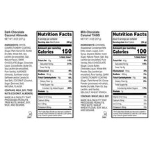 Nutrition Facts label panels for dark chocolate and milk chocolate on product packaging