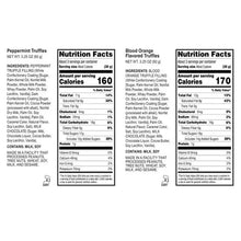 Nutrition Facts label panels for truffles and blood orange flavor on product packaging