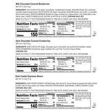 Nutrition Facts and ingredient panels for multiple chocolate products on packaging