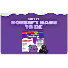Children's Dimetapp cold & cough triple pack liquid boxes on a purple display card