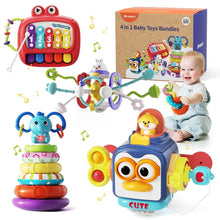 4-in-1 baby toy bundle with animal face buttons and colorful sensory pieces