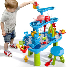 Kids dinosaur sand and water table with 3 tiers, blue basin, and spinning water features