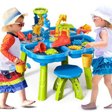 Kids dinosaur sand and water table with children playing, blue basin and green stand