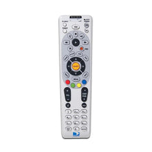 Light gray remote control with central navigation pad and labeled button keypad