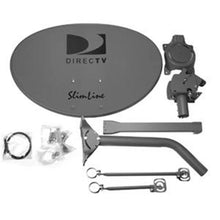 Satellite dish antenna kit with gray dish, mounting arm, and hardware components