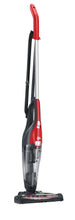 Red and black corded stick vacuum with clear dust bin and floor nozzle