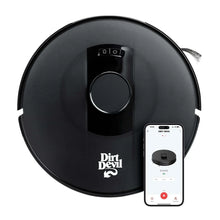 Black robot vacuum with top control panel and circular front brush area