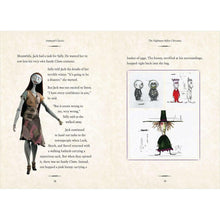 Open hardcover spread with a stitched-looking doll character on left and diagram-style art on right