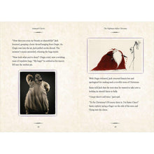 Open hardcover spread with small photo, a red triangle scene, and paragraph text across pages