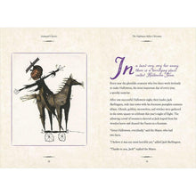 Open hardcover spread with a black scarecrow character illustration and story text on right page